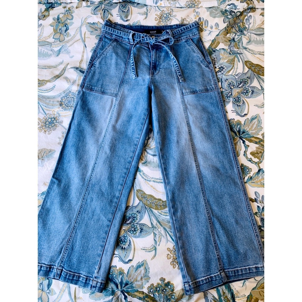 Hudson Cropped High Waist Tie Waist Wide Leg Jeans Medium Blue Size 10 30 - Picture 10 of 16
